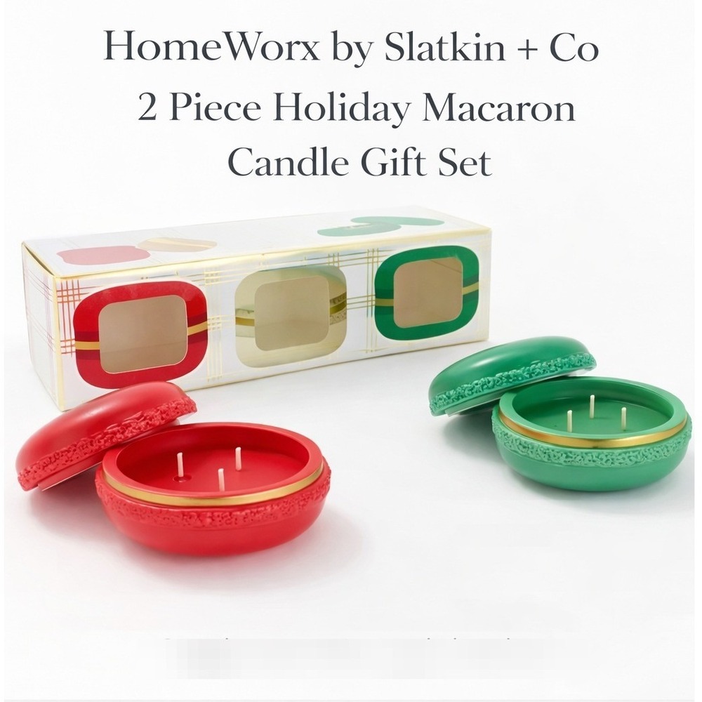 HomeWorx by Slatkin & Co 2 Piece Holiday Macaron Candle Gift Set Red Green NEW‎